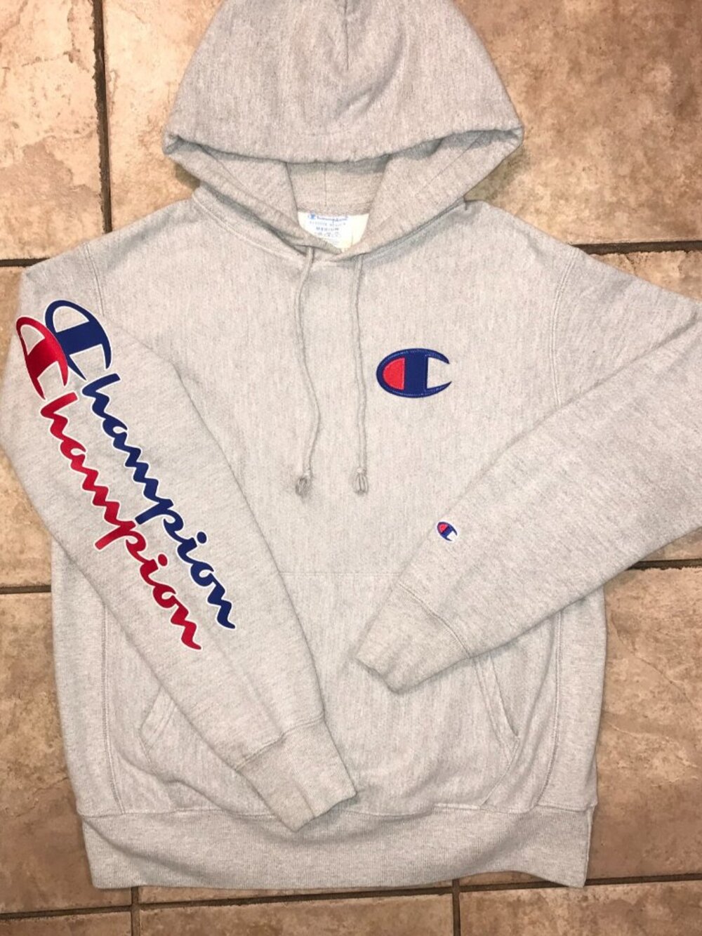 Men's Vintage Champion Reverse Weave Spellout Pullover Hoodie-Oxford Gray-Size M